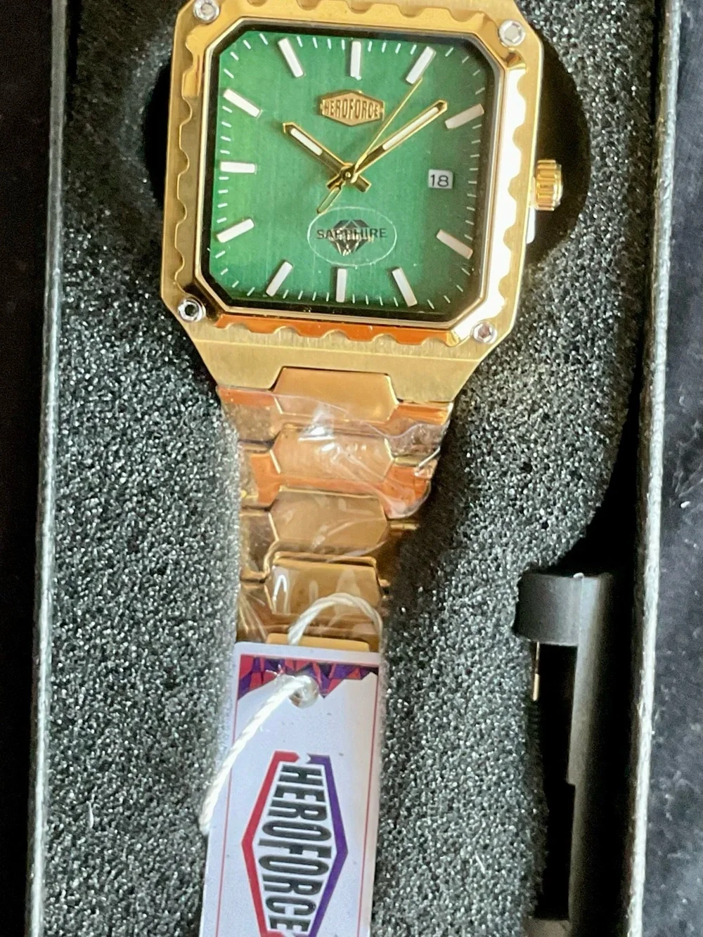 NIB Gold Tone 36mm Square Heroforce Watch Integrated Bracelet + Tool